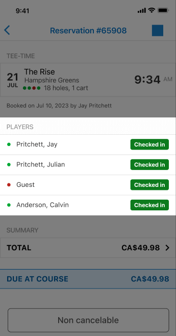 Reservation details showing which players are checked in.