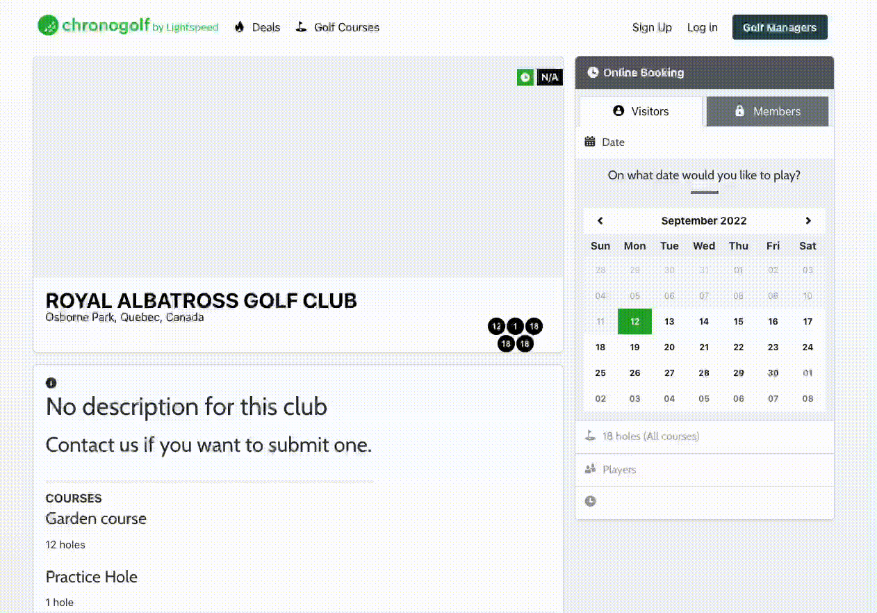 Tee time search interface for visitors and guests.