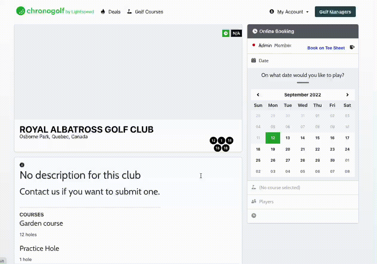 Tee time search interface for members.