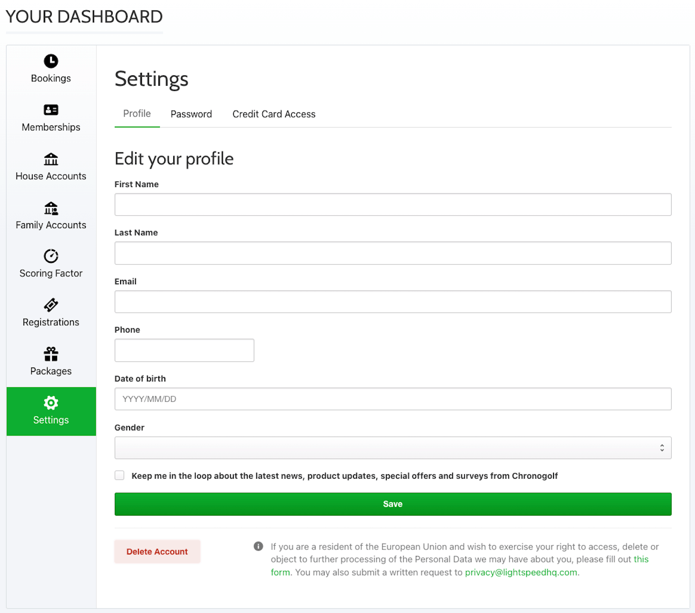 Delete account setting highlighted in the settings menu.
