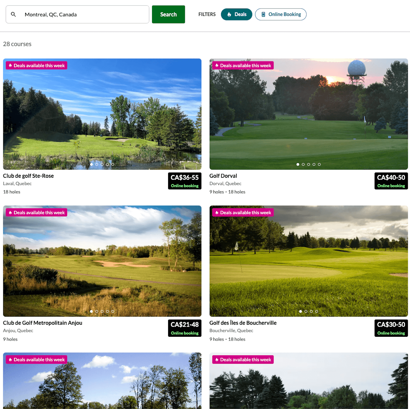 Section des offres sur chronogolf.com affichant les promotions disponibles.
