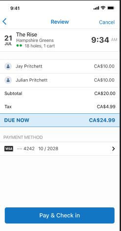 Écran de paiement avant de confirmer l’enregistrement.